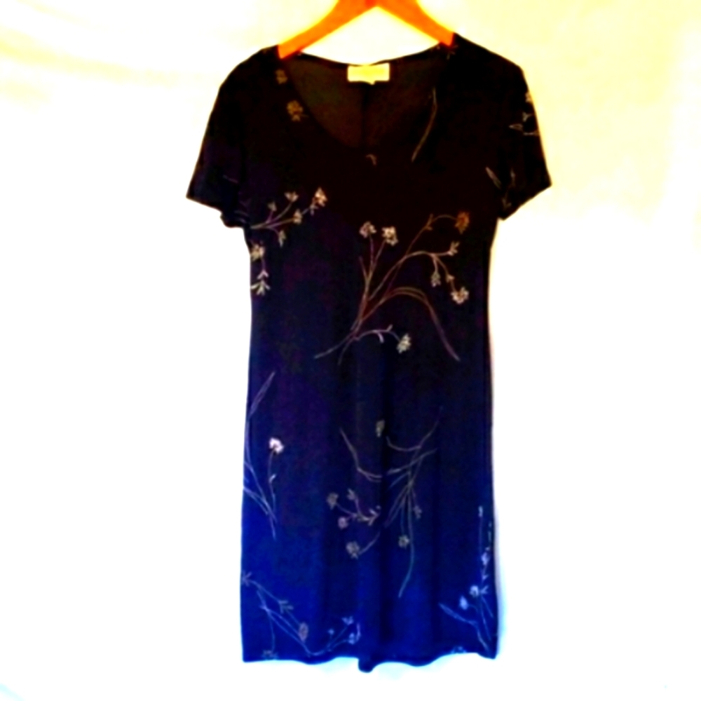 Casual Corner Black Dress Floral Gold Detail Stretchy Medium
